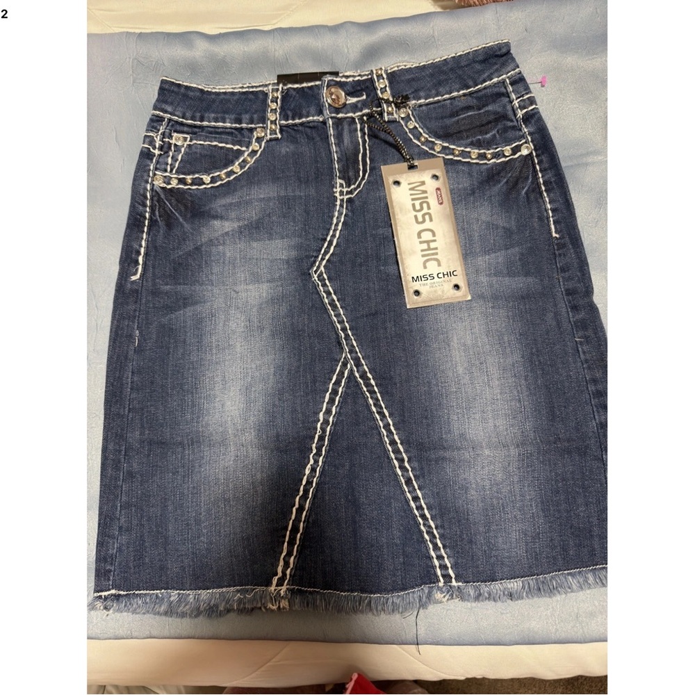 Miss Chic Heavy Stitch Rhinestone Cross Embellished Distressed Denim Mini Skirt